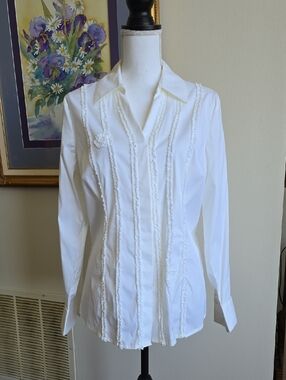 Alfani White Long-Sleeve Ruffle-Trim Button Down Shirt